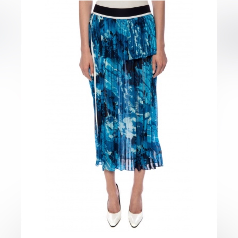 Victoria Beckham Blue Landscape Printed Satin Mixed Pleat Skirt UK 20/US 6